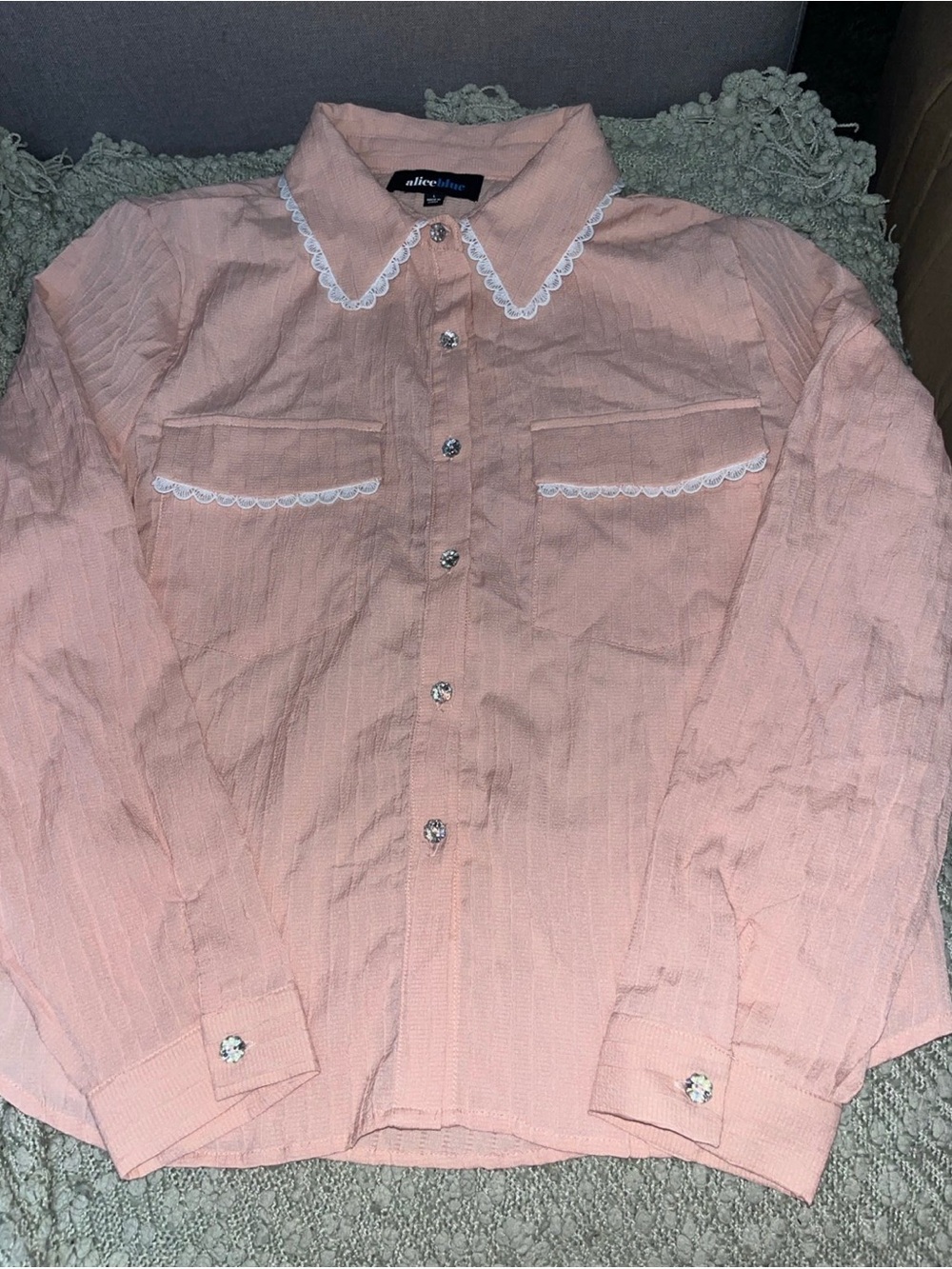 alice Blue Pink Lace-Trim Button-Up Blouse